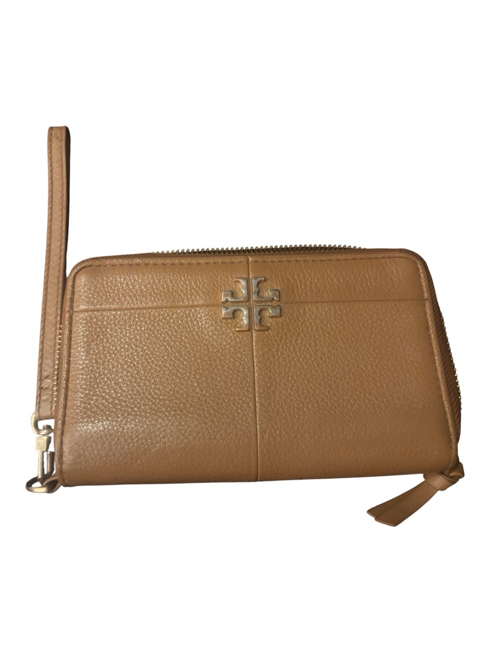 Tory Burch Meadow Crown Tan Leather Zip Wristlet Wallet